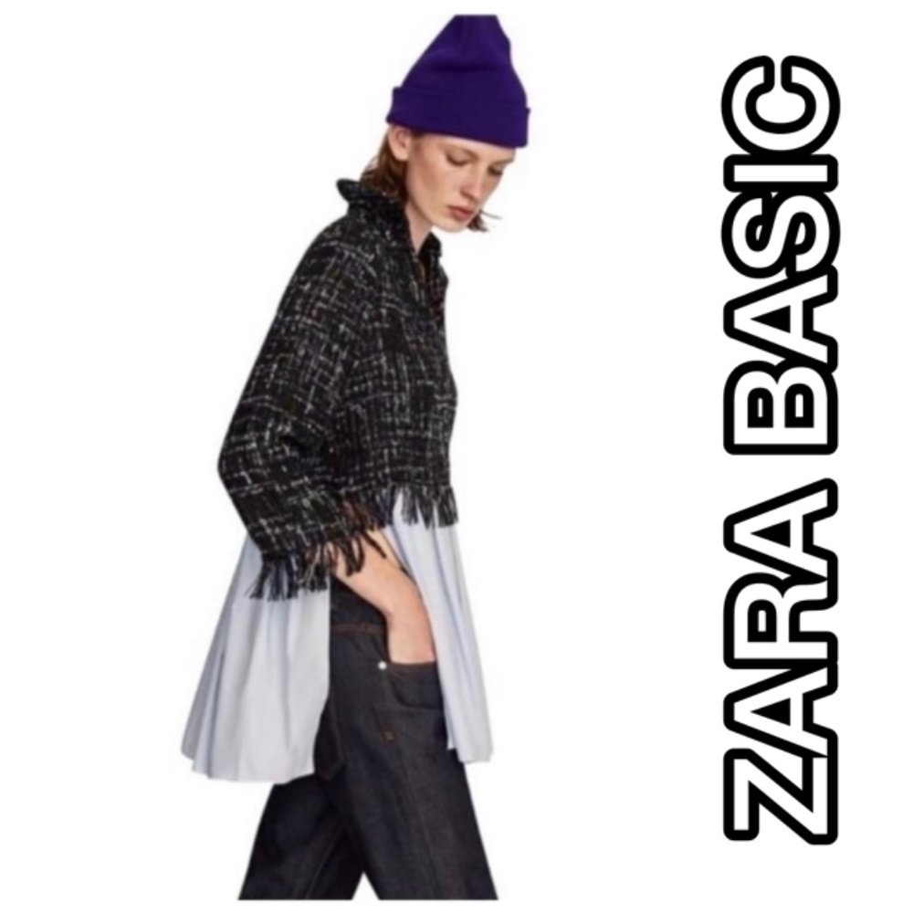 ZARA BASIC TWEED & COTTON POPLIN TOP WITH UNDERLAY SHIRT TOP